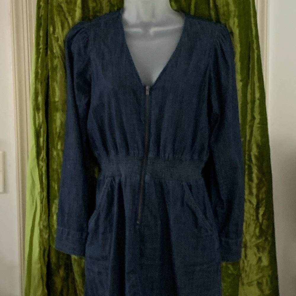 Long Sleeve Denim Zip Up Mini Dress, Cinched @ Waist
